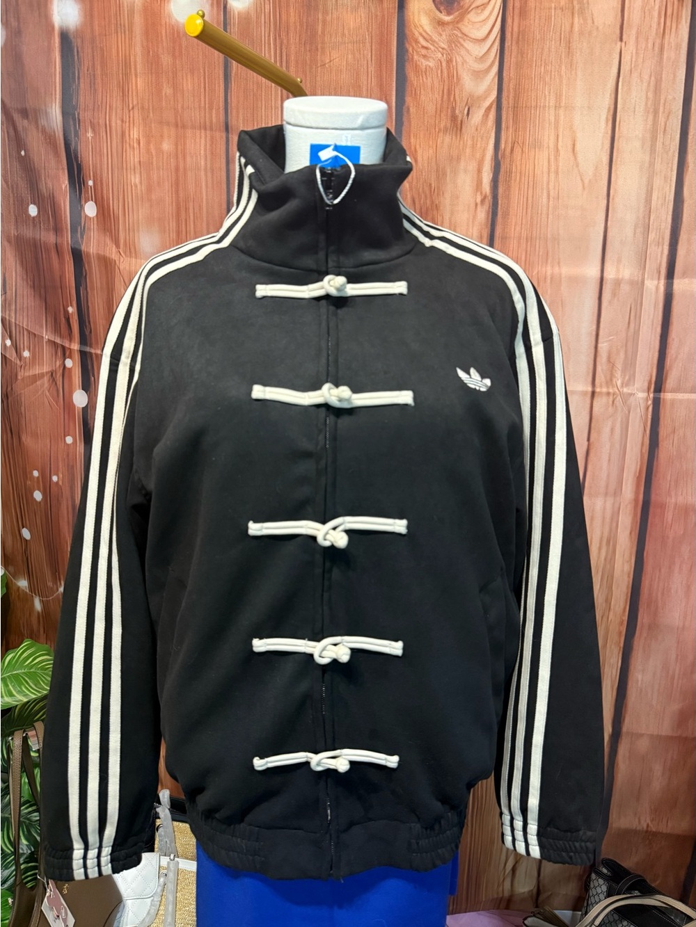 adidas Black Bomber Jacket with White Stripe & Toggle Details